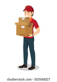 parcel delivery man holding a lot of box isolated on white background. cartoon vector illustration
