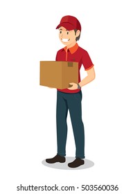 Parcel Delivery Man Holding A Large Box Isolated On White Background. Cartoon Vector Illustration