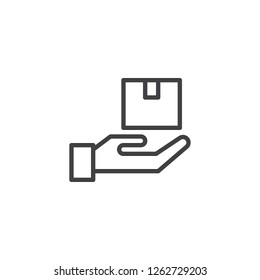 Parcel delivery outline icon. linear style sign for mobile concept and web design. Hand and cardboard box simple line vector icon. Symbol, logo illustration. Pixel perfect vector graphics
