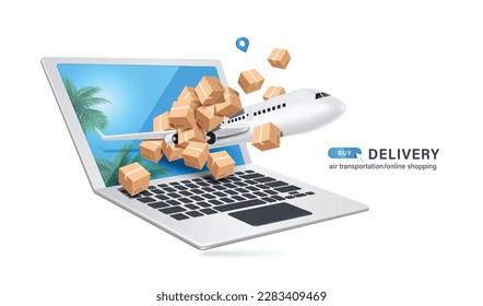 parcel delivery plane along with parcel boxes or cardboard boxes flying out of screen laptop computer with screen of coconut trees and summer sky,vector 3d for delivery, online shopping summer concept