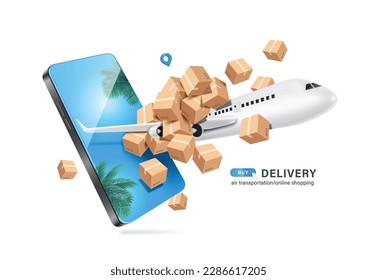 parcel delivery plane along with parcel boxes or cardboard boxes flying out of screen smartphone with screen of coconut trees and summer sky ,vector 3d for delivery, online shopping summer concept