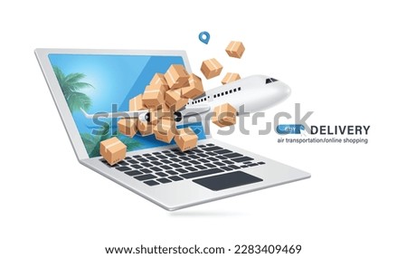 parcel delivery plane along with parcel boxes or cardboard boxes flying out of screen laptop computer with screen of coconut trees and summer sky,vector 3d for delivery, online shopping summer concept