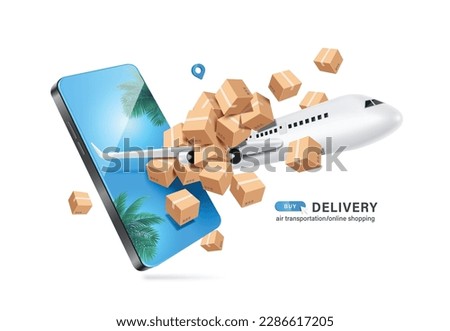parcel delivery plane along with parcel boxes or cardboard boxes flying out of screen smartphone with screen of coconut trees and summer sky ,vector 3d for delivery, online shopping summer concept