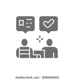 Parcel delivery to recipient, logistics grey icon.