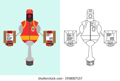 A parcel delivery robot is holding two parcels isolated on half azure background, cartoon character design vector illustration, Coloring Book Outline