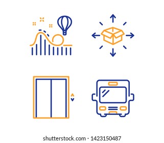 Parcel delivery, Roller coaster and Lift icons simple set. Bus sign. Logistics service, Attraction park, Elevator. Tourism transport. Transportation set. Linear parcel delivery icon. Vector
