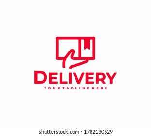 Parcel from delivery service courier logo design. Carton package with hand vector design. Deliveryman logotype