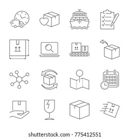 Parcel delivery service icon set. Fast delivery and quality service transportation. Shipping vector icons for logistic company. Editable Stroke.