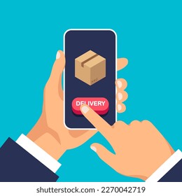 Parcel delivery service. Man use app and click on the phone. Vector illustration isolated.