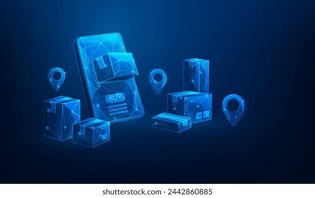 envío de paquetes de compras en línea con el teléfono inteligente bajo alambre de polietileno sobre fondo azul. seguimiento de pedidos y logística. ilustración vectorial fantástico diseño digital.