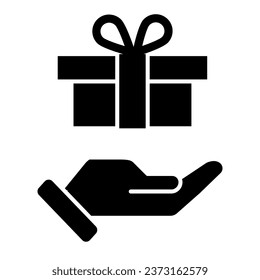 Parcel delivery solid icon, delivery symbol, gift box with ribbon on hand vector sign on white background, holding cardboard packaging icon in glyph style mobile and web. Vector graphics