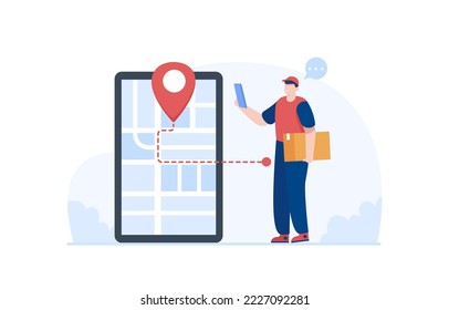 Parcel delivery staff checking the delivery location. Tracking online delivery using mobile. Illustration