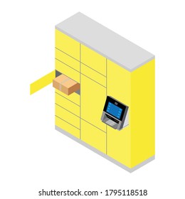 Parcel delivery station. Self service modern mass production standard city terminal from which customers can pick up and ship mails and packages.
