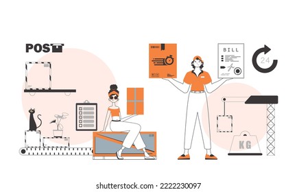 Parcel delivery team. Line art style.