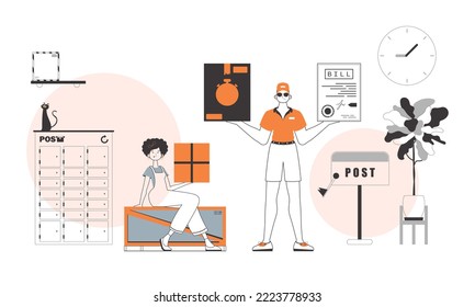 Parcel delivery team. Linear modern style.
