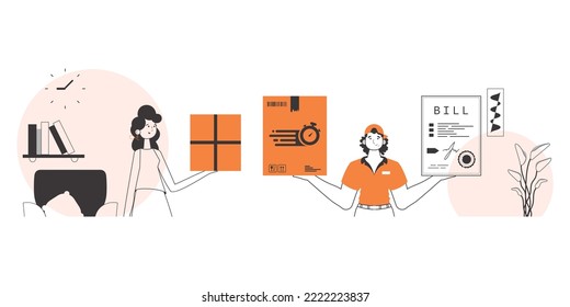 Parcel delivery team. Linear trendy style.