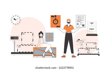 Equipo de entrega de paquetes. Estilo de moda lineal.