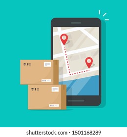 Parcel delivery tracking on cellphone or mobile phone vector, flat cartoon smartphone telephone with city map on screen and pin pointers destination location and packaging boxes, shipping logistic