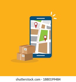 Parcel delivery tracking on cellphone or mobile phone. Smartphone telephone with city map on screen and pin pointers destination location with packaging boxes, shipping logistic.