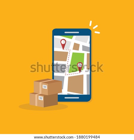 Parcel delivery tracking on cellphone or mobile phone. Smartphone telephone with city map on screen and pin pointers destination location with packaging boxes, shipping logistic.