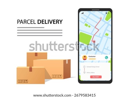 Parcel delivery tracking on cellphone or mobile phone vector, smartphone with city map on screen and pin pointers destination location with packaging boxes, stock illustration
