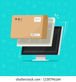 Parcel delivery tracking on computer vector illustration, flat cartoon pc with package box received on screen, concept of online shipping service