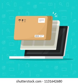 Parcel delivery tracking on laptop computer vector illustration, flat cartoon pc with package box received on screen with browser window, concept of online shipping service