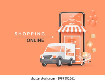 Parcel delivery truck parked in front smartphone shop and the parcel box was floating out of the shopping cart for delivery and shopping online concept design,vector 3d isolated on pastel pink