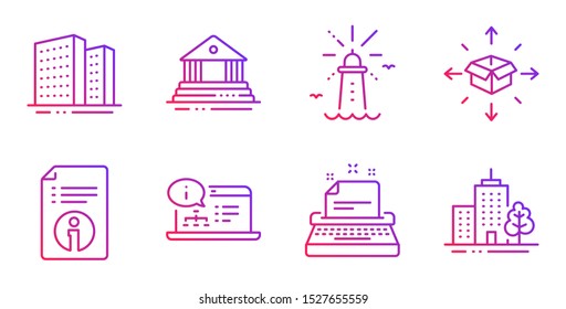 Parcel delivery, Typewriter and Technical info line icons set. Court building, Online documentation and Buildings signs. Lighthouse, Skyscraper buildings symbols. Gradient parcel delivery icon. Vector