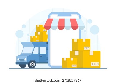 Furgoneta de entrega de paquetes con cajas de cartón y concepto de App de teléfonos inteligentes. Ilustración vectorial para un servicio de entrega rápida, seguimiento logístico y envío móvil.