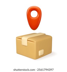 Parcel delivery vector 3d icon. Shipping warehouse location concept. Closed cardboard box package with map pin geolocation sign. Courier service illustration isolated
