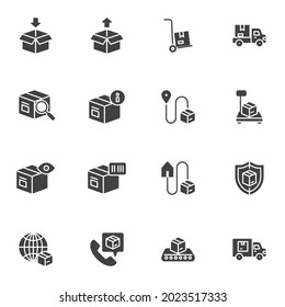 Parcel delivery vector icons set, modern solid symbol collection, filled style pictogram pack. Signs logo illustration. Set includes icons as cargo logistics, delivery service, export boxes, insurance