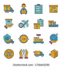 Juego de iconos de entrega de paquetes. Conjunto de esquemas de iconos vectoriales de entrega de paquetes para diseño web aislados en fondo blanco