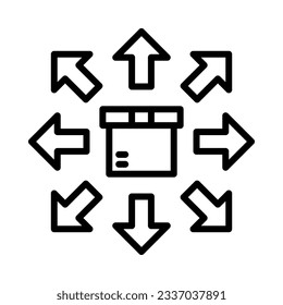 Icono de distribución de paquetes. Caja de cartón con muchas flechas alrededor. Vector de línea. Aislar sobre fondo blanco.
