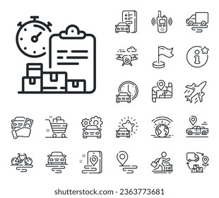 Parcel documents sign. Plane, supply chain and place location outline icons. Delivery report line icon. Express service symbol. Delivery report line sign. Taxi transport, rent a bike icon. Vector