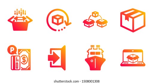 Parcel, Exit and Return package line icons set. Parcel shipping, Packing boxes and Ship signs. Parking payment, Online delivery symbols. Shipping box, Escape. Transportation set. Vector