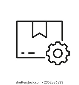 Parcel with Gear Line Icon. Shipping Order Linear Pictogram. Delivery Service Settings Sign. Cogwheel and Cardboard Box Outline Symbol. Editable Stroke. Isolated Vector Illustration.