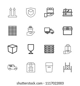 Parcel icon. collection of 16 parcel outline icons such as box, gift, cargo box, fragile cargo, delivery car, question box. editable parcel icons for web and mobile.