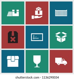 Parcel icon. collection of 9 parcel filled icons such as fragile cargo, delivery car, gift on hand, box, express delivery, cargo box. editable parcel icons for web and mobile.