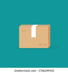 Parcel icon isolated on blue. Delivery box, package service, transportation, container. Receive, send and transfer products.  Vector flat illustration