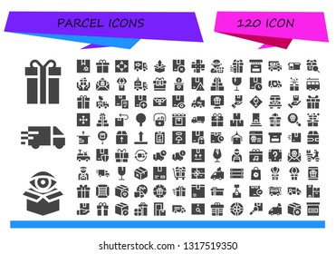 parcel icon set. 120 filled parcel icons.  Collection Of - Gift, Package, Delivery truck, Box, Present, Move, Delivery, Fragile, Van, Gift box, Gifts, Postman, Side up, Fast delivery