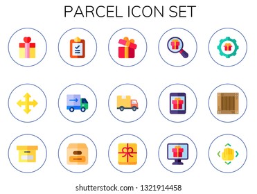 parcel icon set. 15 flat parcel icons.  Collection Of - gift, move, delivery, moving truck, gift box, delivery truck, crate, box, package