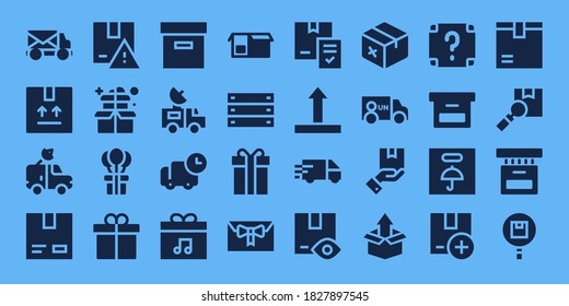 parcel icon set. 32 filled parcel icons. on blue background style Simple modern icons such as: Mail truck, Package, Van, Cardboard, Box, Gift, Present, Delivery, Side up, Delivery truck
