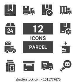 parcel icon set. Collection of 12 filled parcel icons included Package, Delivery truck, Box, Mail truck