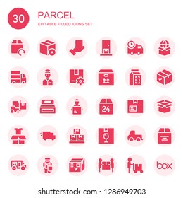 parcel icon set. Collection of 30 filled parcel icons included Delivery, Package, Delivery truck, Delivery man, Box, Boxes, Mail truck, Postman