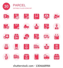parcel icon set. Collection of 30 filled parcel icons included Delivery truck, Package, Box, Delivery, Mail truck, Delivery man, Postman