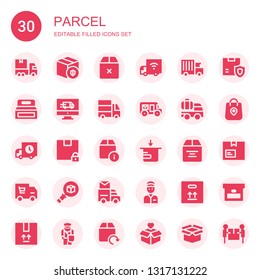 parcel icon set. Collection of 30 filled parcel icons included Delivery truck, Package, Box, Delivery, Mail truck, Delivery man, Postman