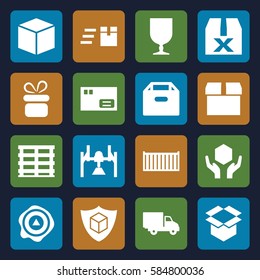 parcel icons set. Set of 16 parcel filled icons such as present, cargo box, fragile cargo, handle with care, box, arrow up, cargo insurance, delivery car, question box, parcel