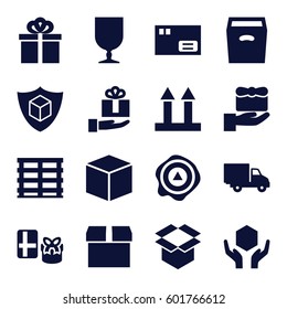 parcel icons set. Set of 16 parcel filled icons such as cargo box, cargo arrow up, handle with care, box, arrow up, delivery car, gift, gift on hand