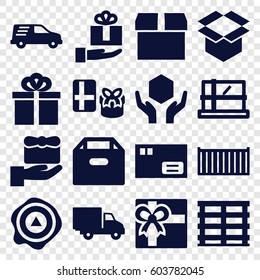 Parcel icons set. set of 16 parcel filled icons such as parcel, gift, cargo box, handle with care, box, arrow up, delivery car